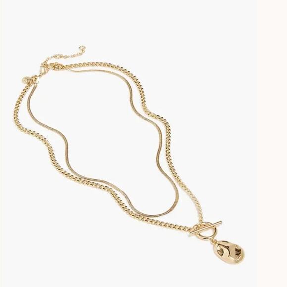 NEW J. Crew Hammered Gold T-Bar Pendant Necklace Double Strand - Picture 2 of 8
